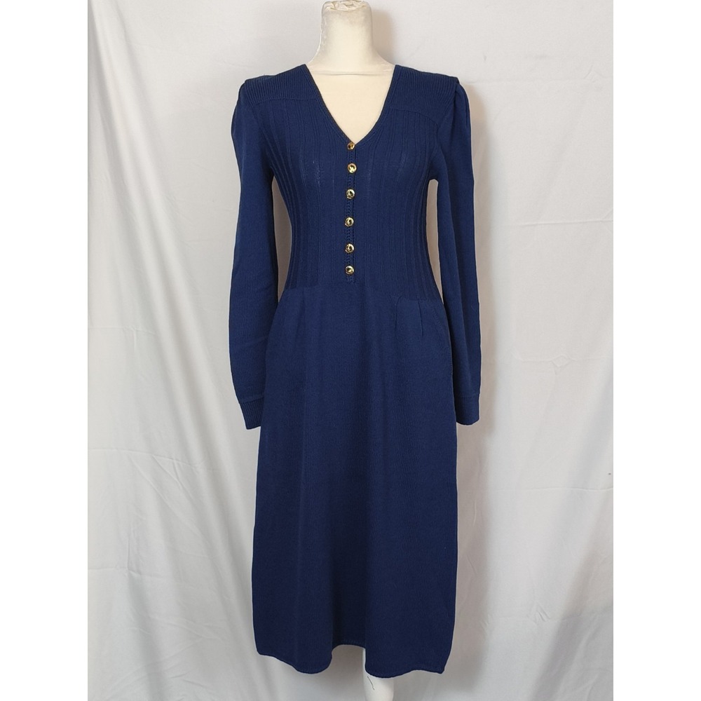 VTG St John For Rose NAVY Knit Dress‎ Gold Buttons Size XS/S?? Designer Classic